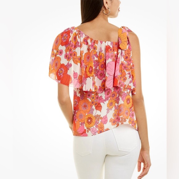 Trina Turk Pink Orange Floral One-Shoulder Ruffle Top - Picture 2 of 9